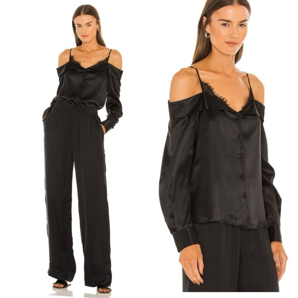 JONATHAN SIMKHAI Caylee Silk Lace Plisse Off Shoulder  Button Down Blouse Top